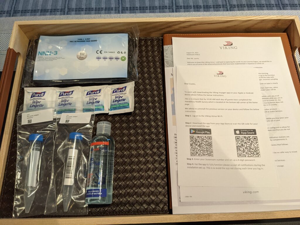 Extra wipes, masks, and vials for daily PCR tests on Viking Ocean Cruises 