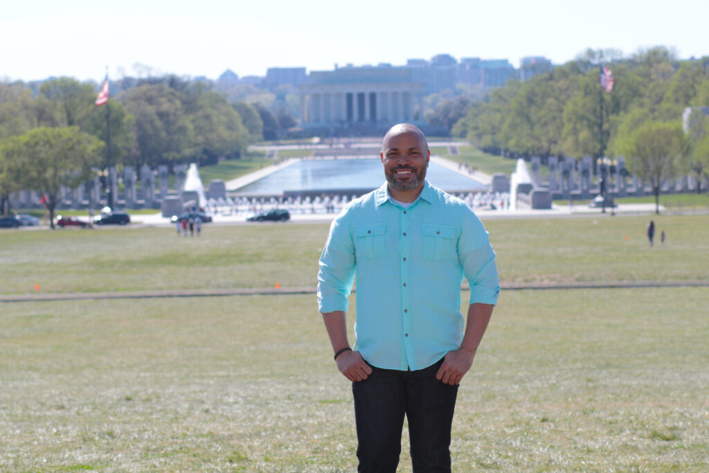 Kwin Mosby in front of the National Mall in Washington, DC.