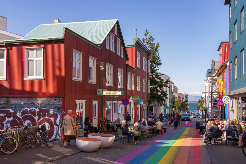 The Klapparstigur Street with the LGBTQ Pride painted rainbow colors in Iceland.