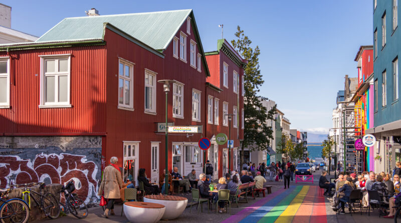 The Klapparstigur Street with the LGBTQ Pride painted rainbow colors in Iceland.