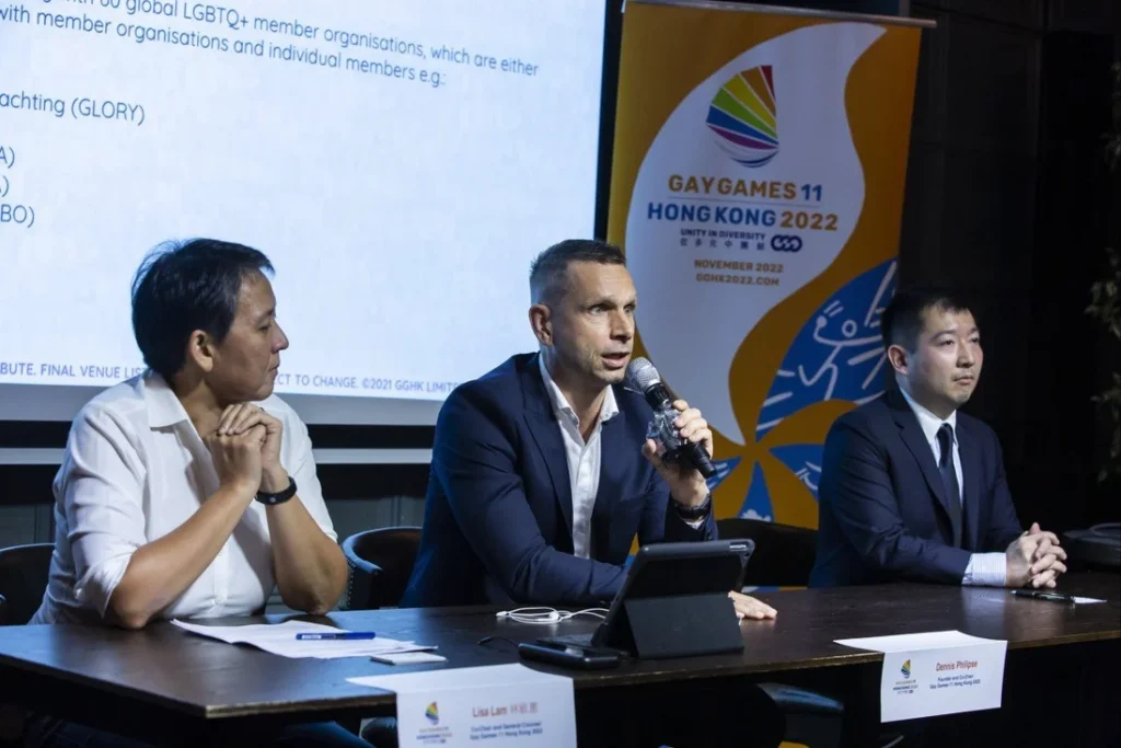 (From left) Gay Games Hong Kong co-chair Lisa Lam, founder and co-chair Dennis Philipse, and assistant professor at Chinese University of Hong Kong’s Gender Studies programme, Suen Yiu-tung. (Photo Credit: Gay Games Hong Kong)