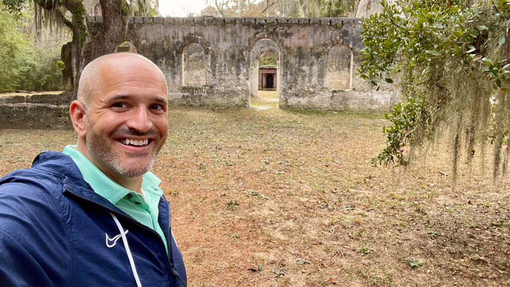 Stephen Ekstrom at the ruins of the St. Helena Parish Chapel of Ease historic site on Saint Helena Island, South Carolina. (Photo Credit: Stephen Ekstrom)