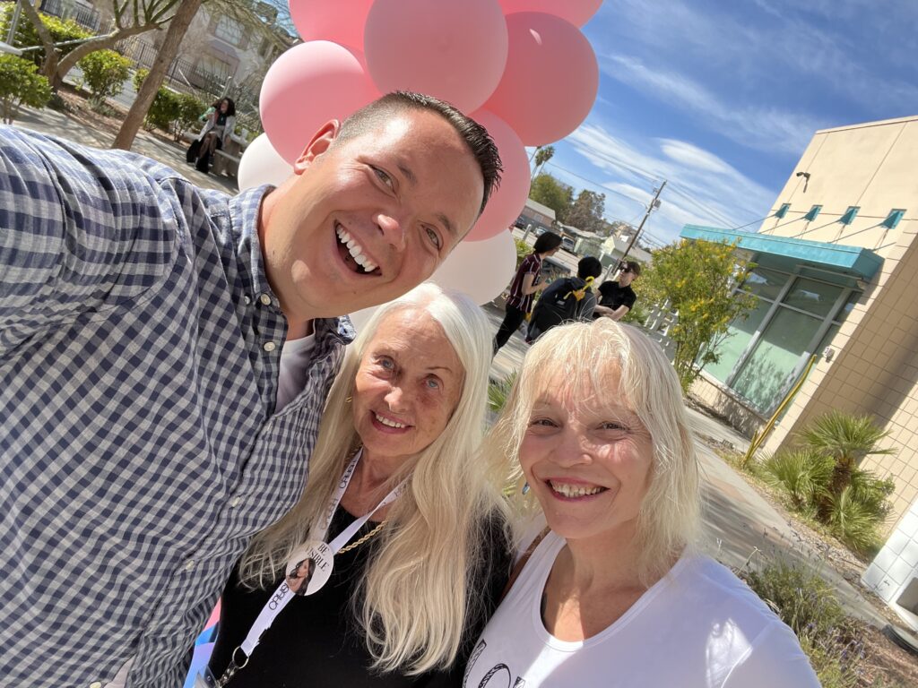 McGill with Stonewall pioneer Judy Bowen, and Samantha Palaggi at the Trans Pride March 2023 in Las Vegas. (Photo Credit: Brady McGill)