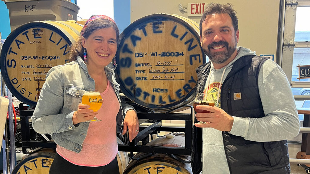 Jessica Jones, founder/brewer at Giant Jones Brewing, and John Mleziva, founder/distiller at State Line Distillery (Photo Courtesy of Giant Jones Brewery)